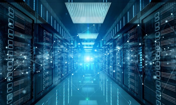 Connection network in servers data center room storage systems 3D rendering