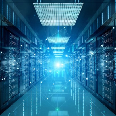 Connection network in servers data center room storage systems 3D rendering