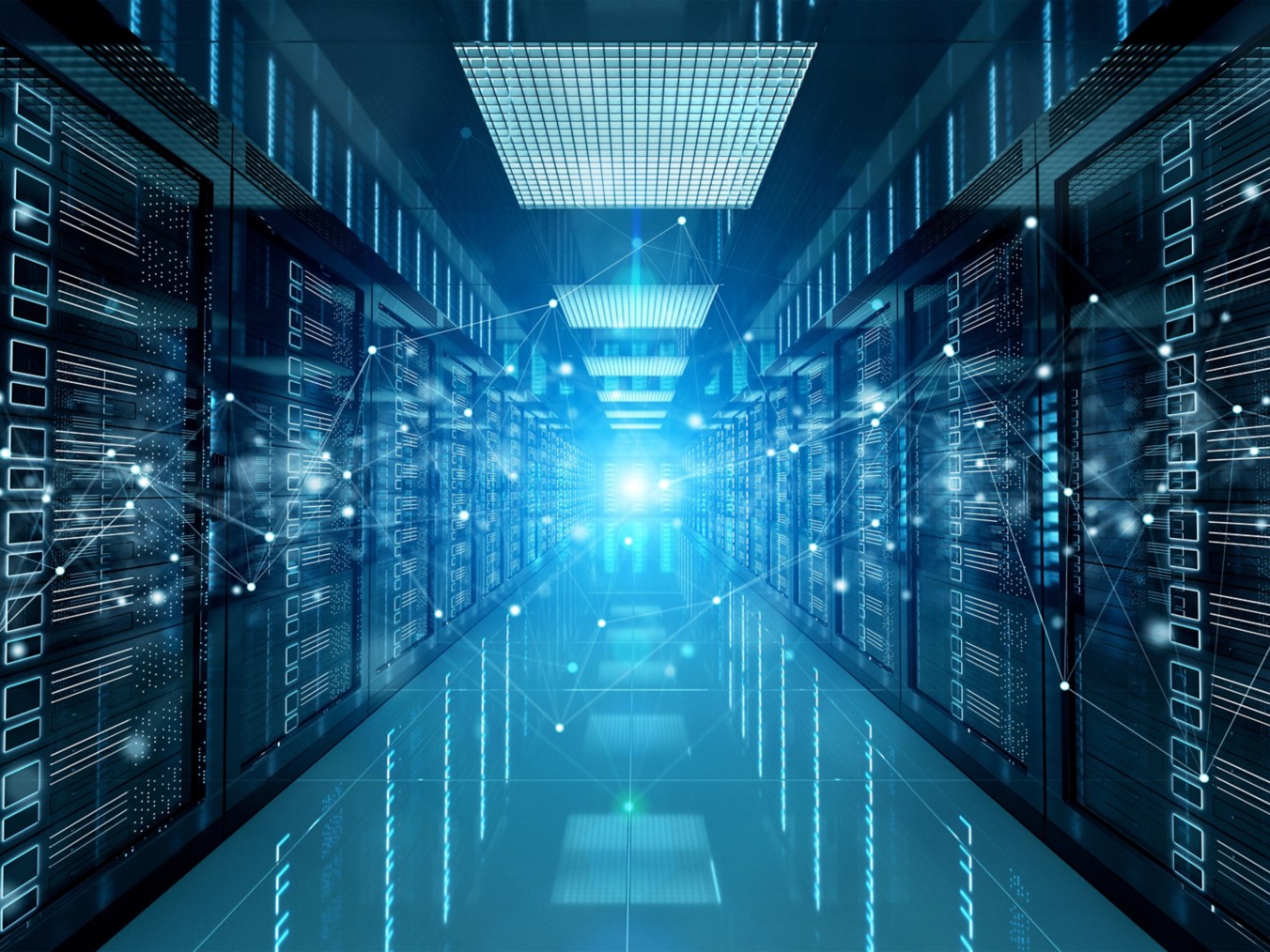 Connection network in servers data center room storage systems 3D rendering
