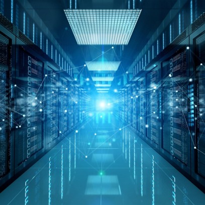 Connection network in servers data center room storage systems 3D rendering