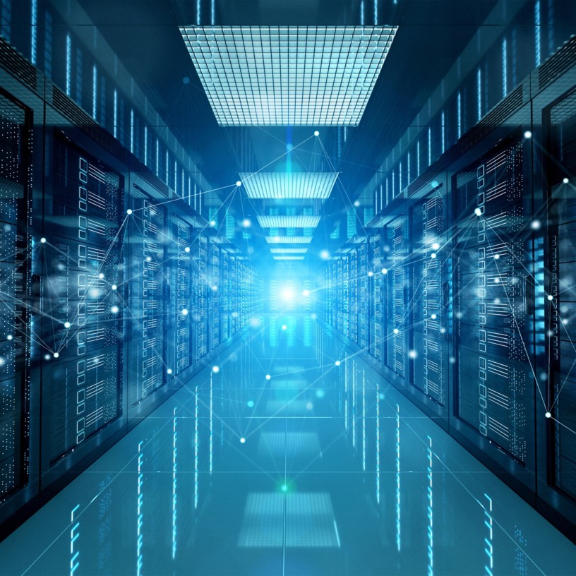 Connection network in servers data center room storage systems 3D rendering