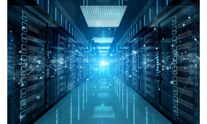 Connection network in servers data center room storage systems 3D rendering