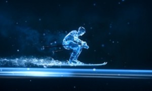 Sciatore stilizzato in materiale blu traslucido, in posizione dinamica su una superficie luminosa con particelle, che trasmette velocità e movimento in un contesto digitale e futuristico.