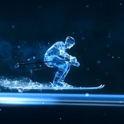 Sciatore stilizzato in materiale blu traslucido, in posizione dinamica su una superficie luminosa con particelle, che trasmette velocità e movimento in un contesto digitale e futuristico.