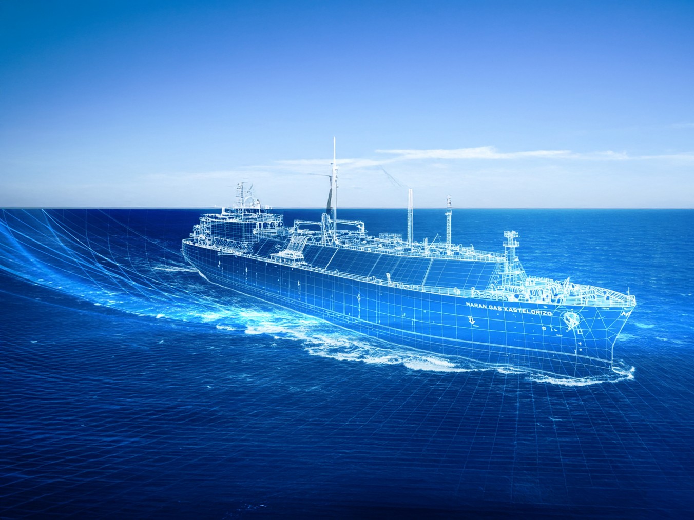 Industrial ship in the ocean with digital overlay model