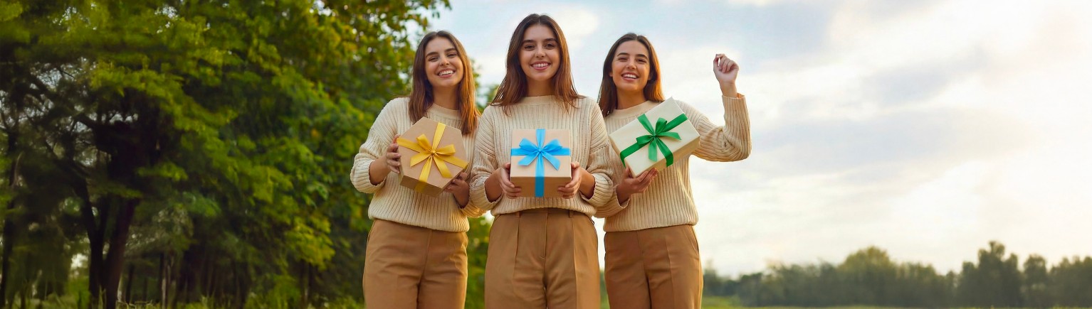Tre ragazze sorridenti con pacchi regalo in mano