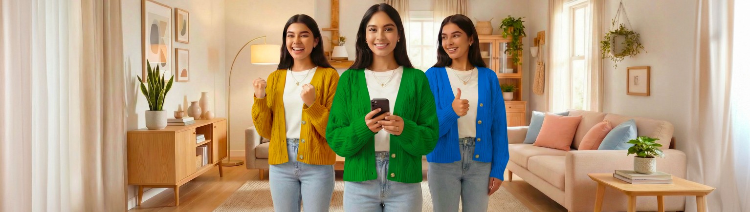 Tre ragazze sorridenti, quella al centro con smartphone