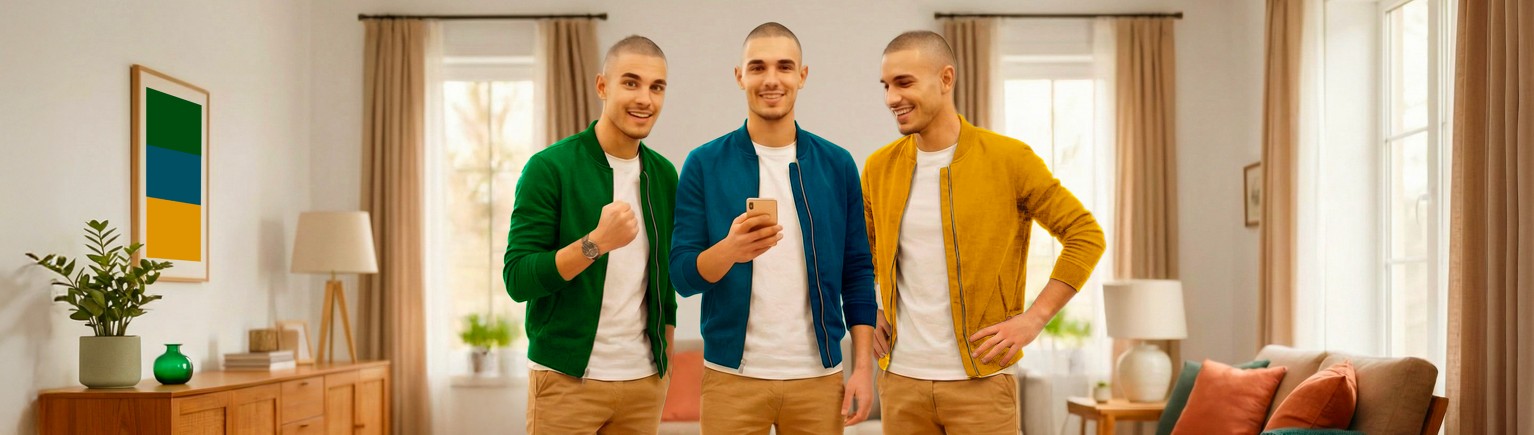 Tre ragazzi sorridenti, quello al centro ha uno smartphone