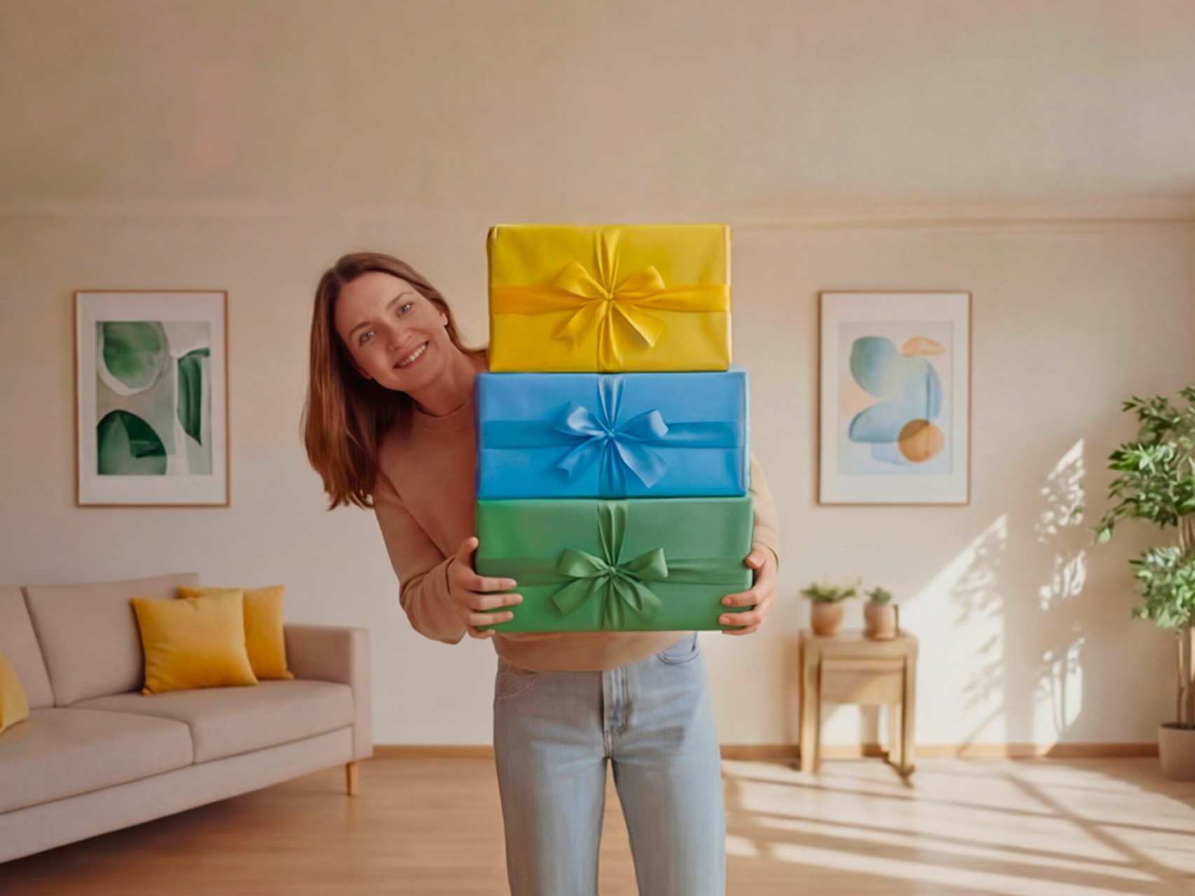 Ragazza sorridente che regge tre pacchi regalo colorati