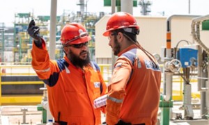 Two workers check the plant