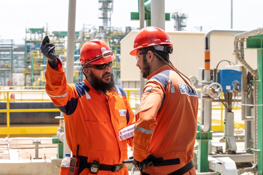 Two workers check the plant