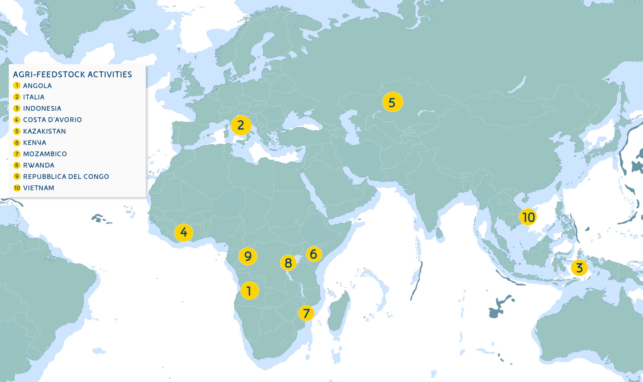 Map showing the countries where Eni's agri-hubs are present