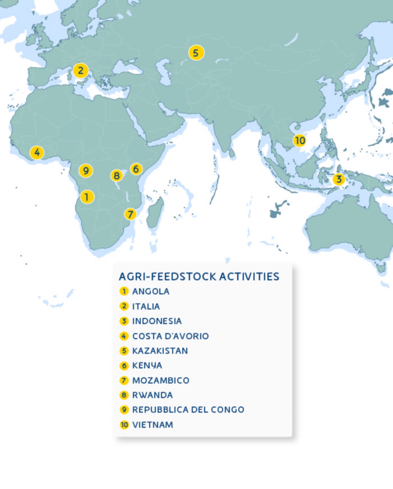 Map showing the countries where Eni's agri-hubs are present