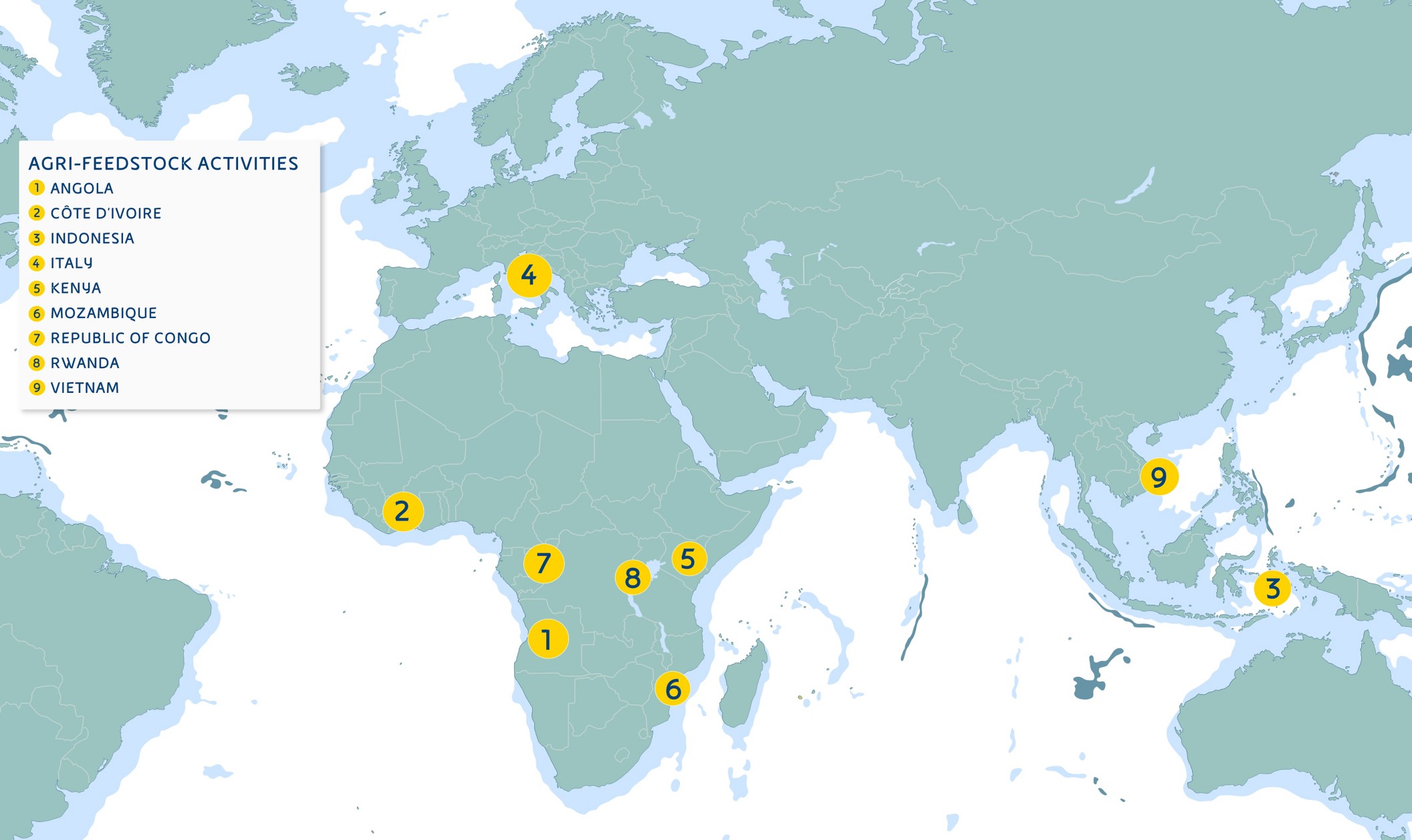 Map showing the countries where Eni's agri-hubs are present