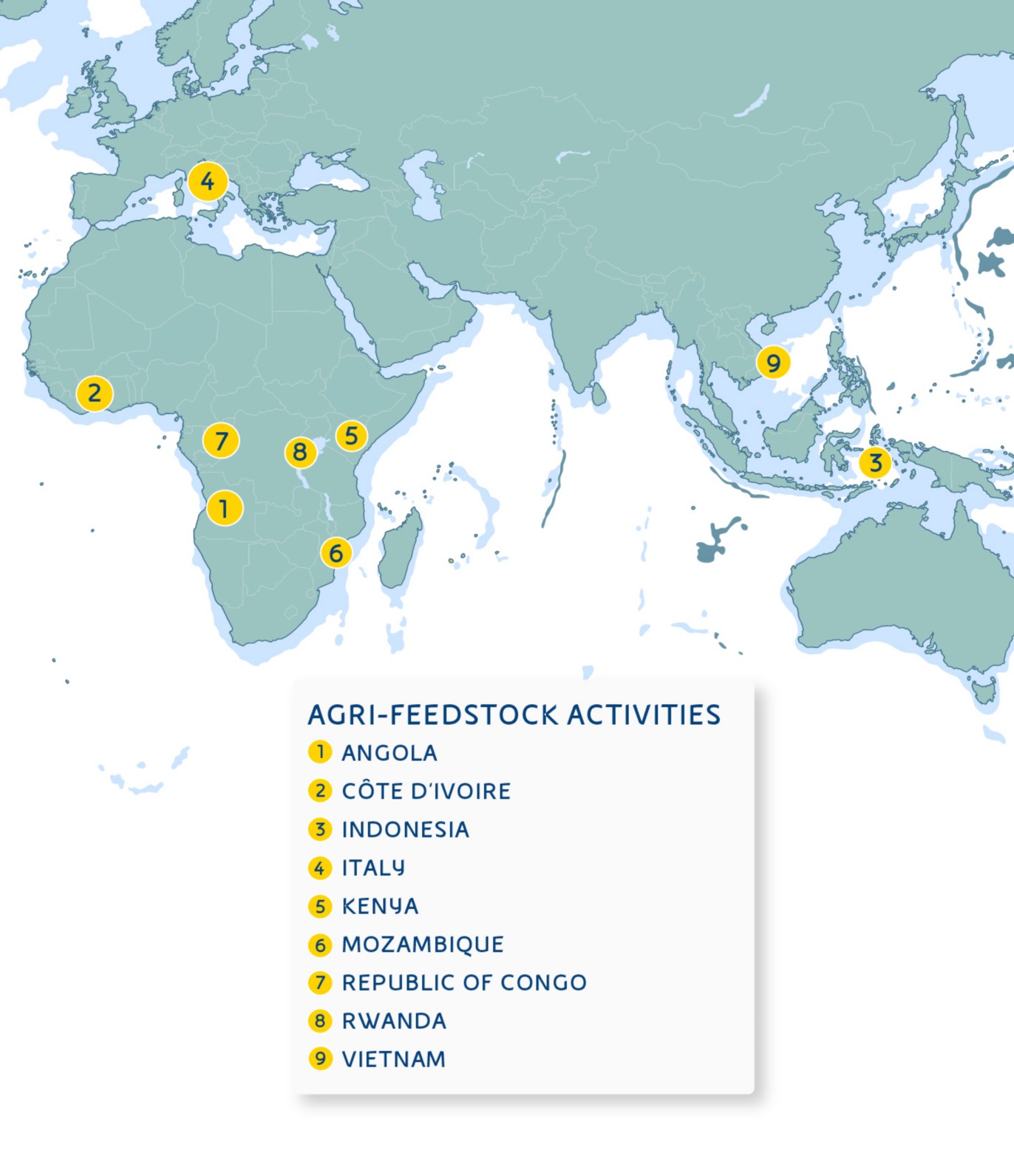 Map showing the countries where Eni's agri-hubs are present