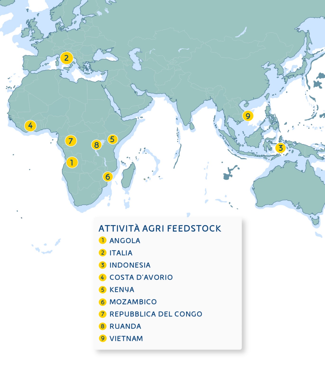 Cartina geografica con segnalati i Paesi in cui sono presenti gli agri-hub Eni