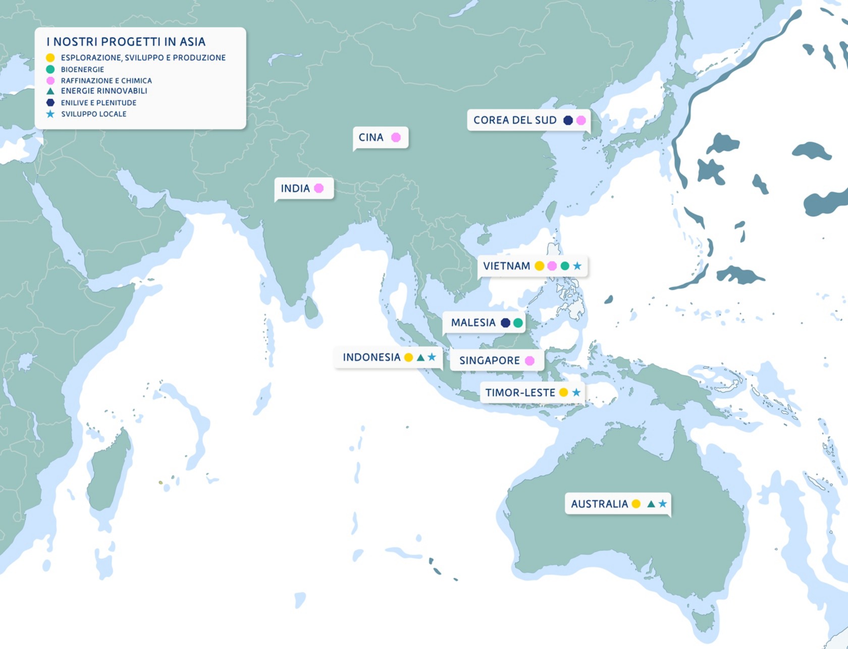 Nell'infografica sono rappresentati i Paesi dell'Asia Pacifico in cui Eni è presente con le sue attività di business