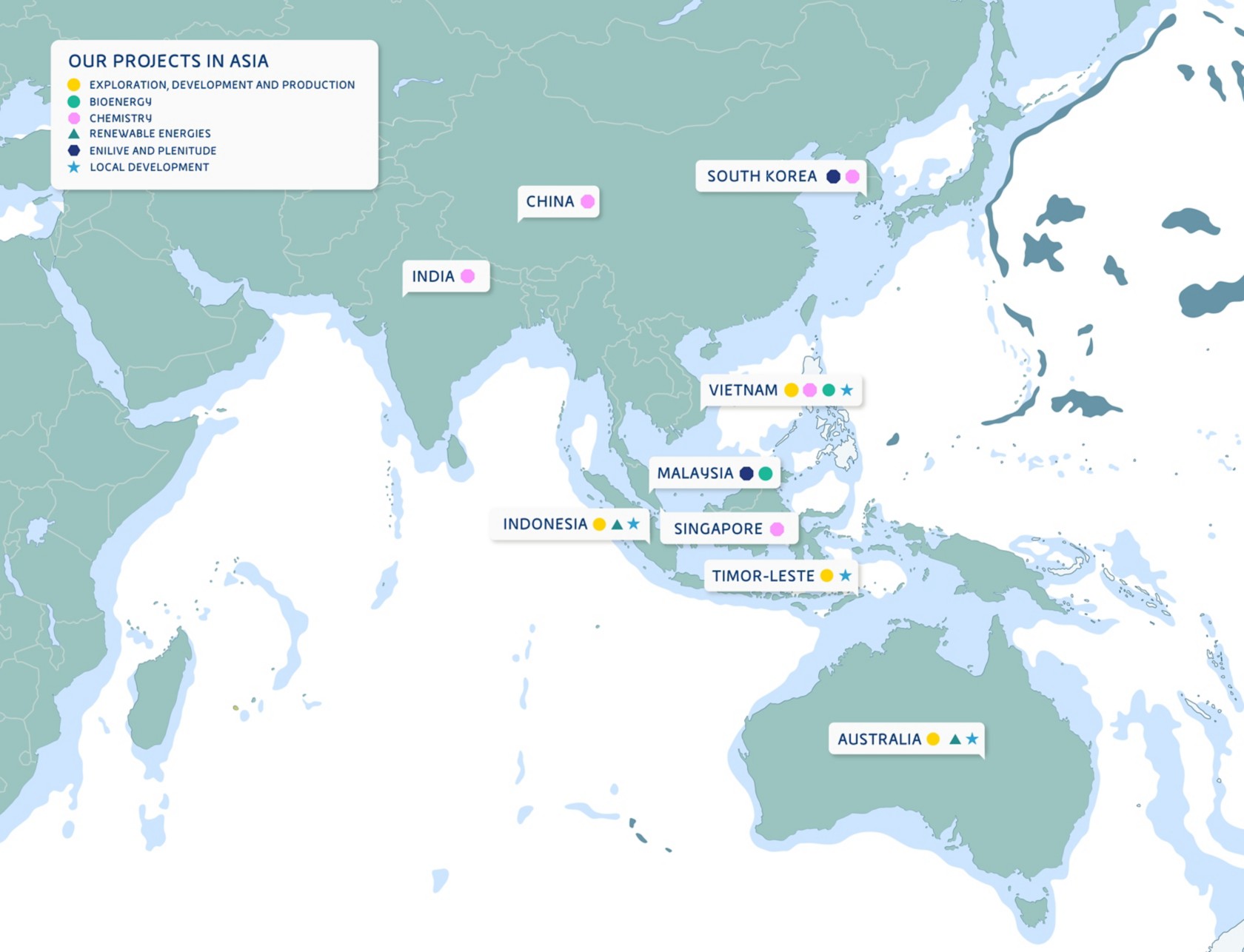 Map with list of countries in which Eni is present in Asia Pacific