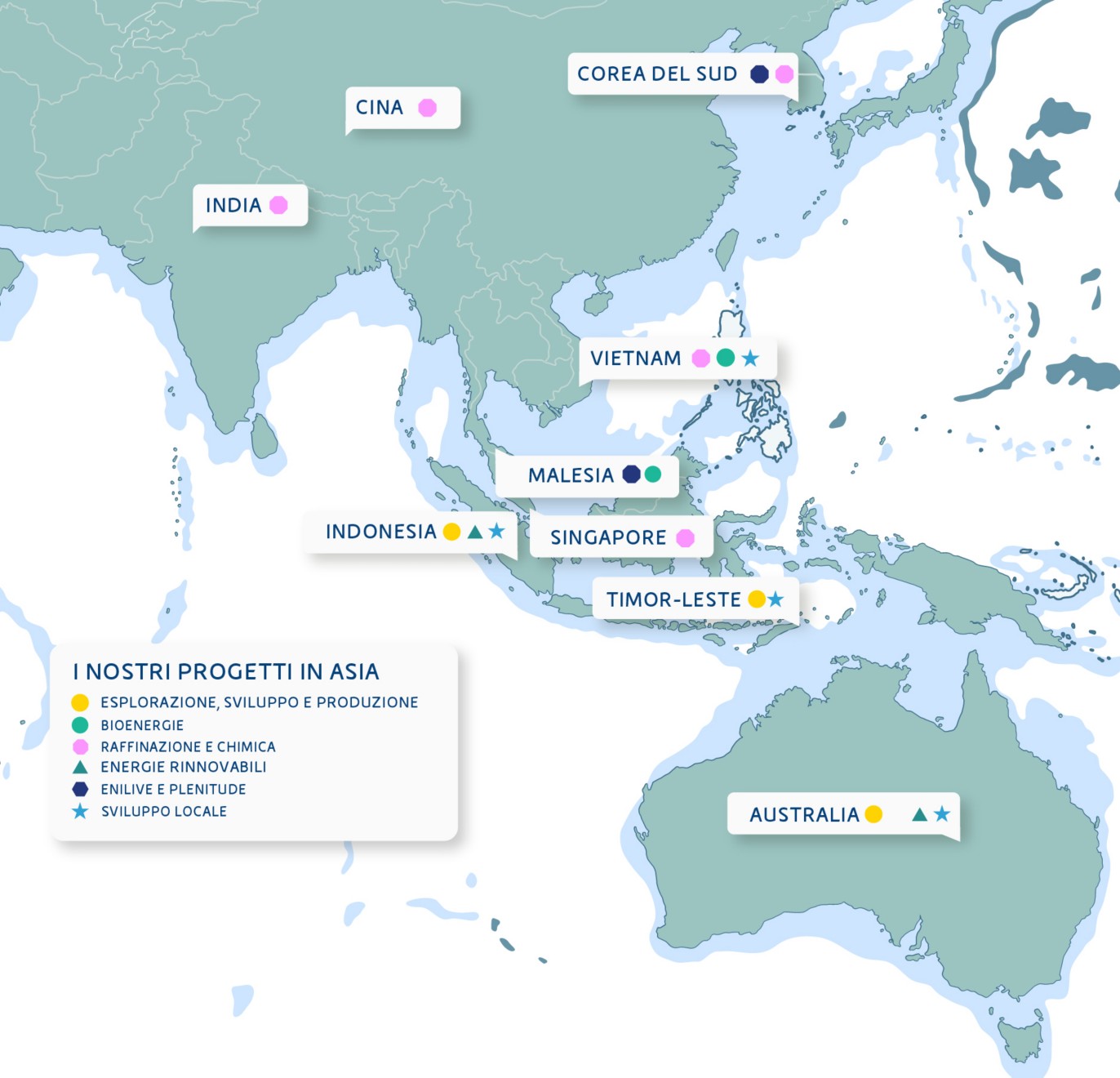 Mappa con elenco dei Paesi in cui Eni è presente in Asia Pacifico