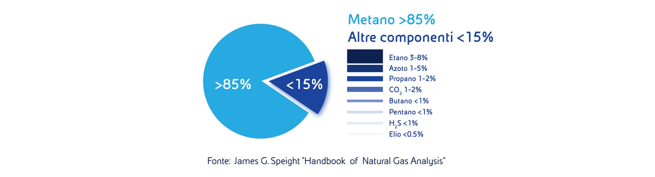 Grafico a torta che mostra la composizione del gas naturale: oltre l’85% metano e meno del 15% altri componenti (etano, azoto, propano, CO₂, ecc.).