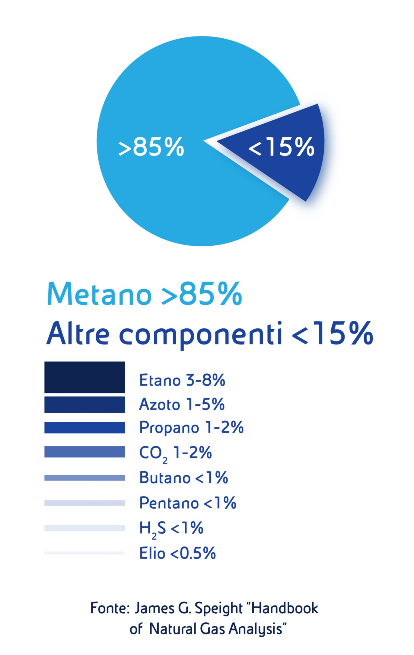 Grafico a torta che mostra la composizione del gas naturale: oltre l’85% metano e meno del 15% altri componenti (etano, azoto, propano, CO₂, ecc.).