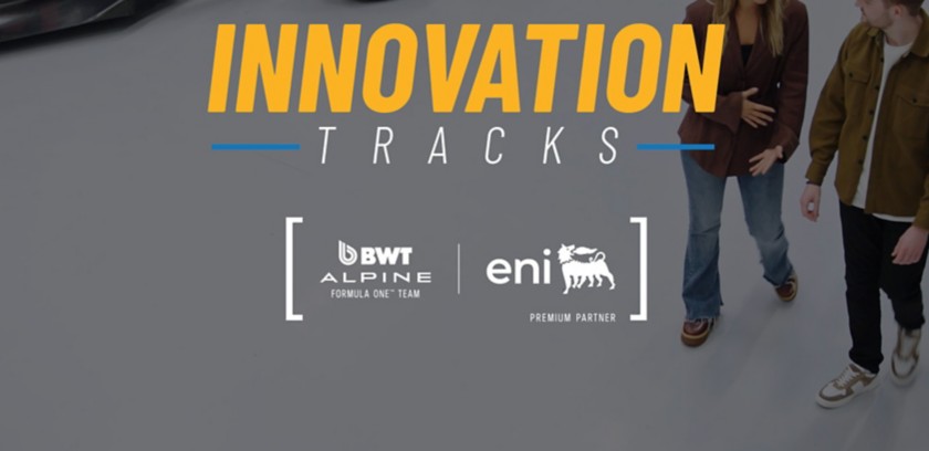 BWT Alpine Formula 1 car on display with blue-pink livery, visible sponsors, and “INNOVATION TRACKS”