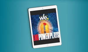 Tablet showing "World Energy WE." cover with title "LNG POWER PLAYS".