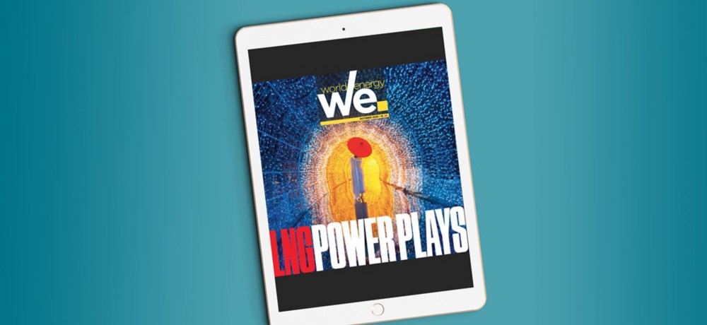 Tablet showing "World Energy WE." cover with title "LNG POWER PLAYS".