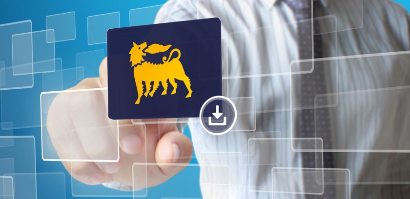 Interfaccia tecnologica con mano che clicca il logo Eni, simbolo aziendale energetico.