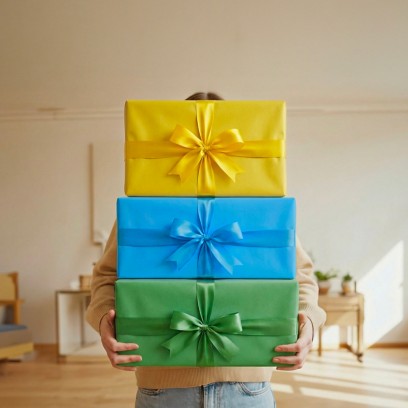 uomo con 3 scatole, gialla, azzurra e verde