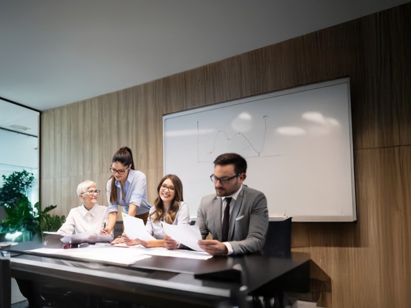 Group of colleagues in a meeting room: a woman standing shows a document to others seated at the table, while they discuss and smile