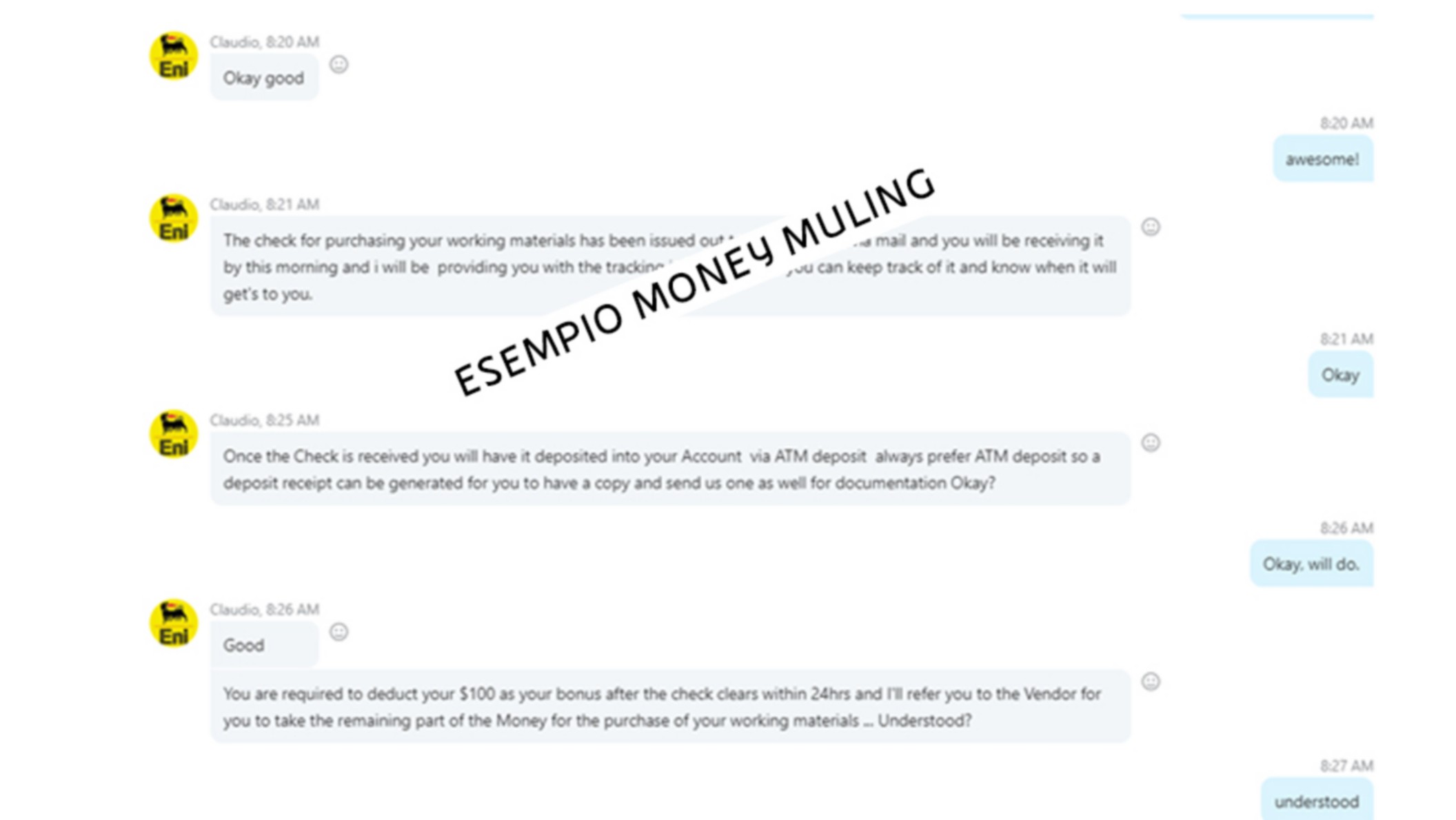 Screenshot di chat in cui si discute di trasferimenti di denaro fraudolenti