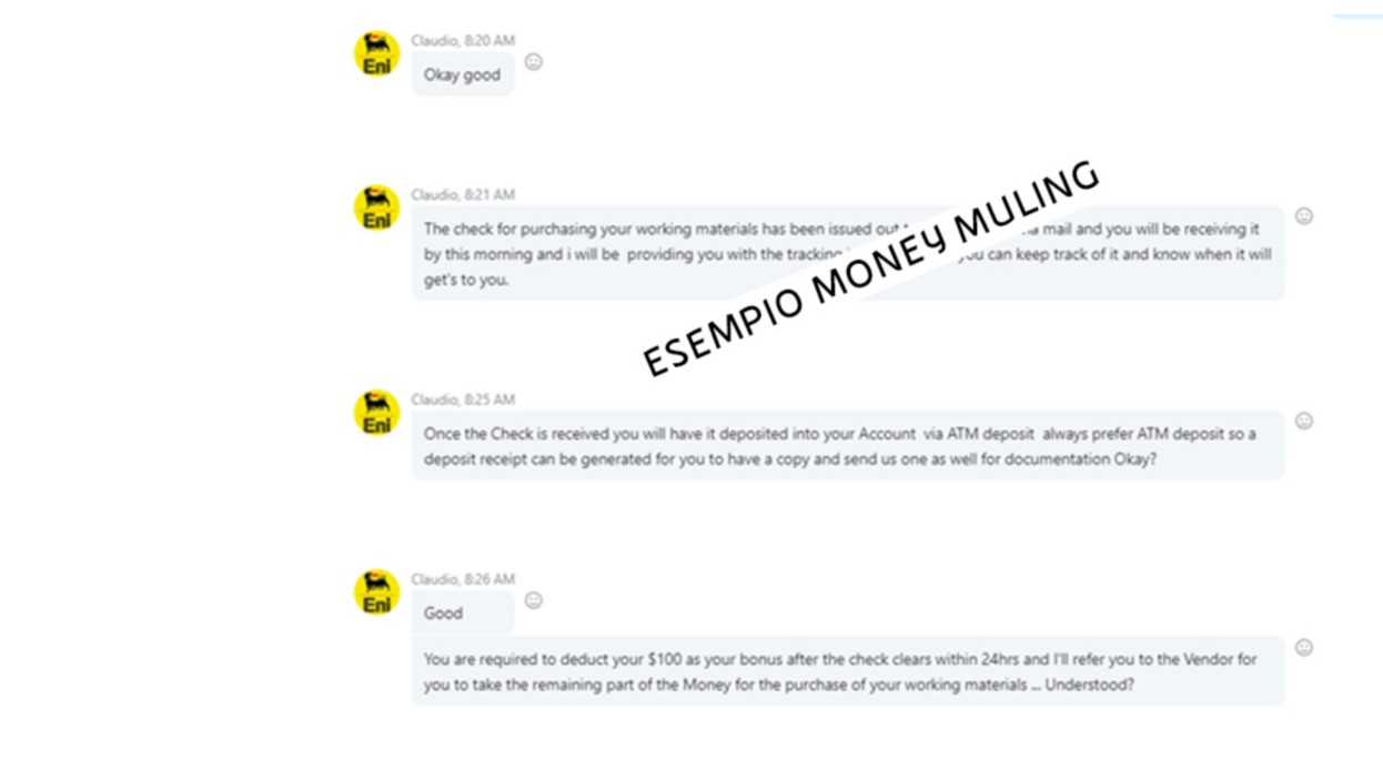 Screenshot di chat in cui si discute di trasferimenti di denaro fraudolenti