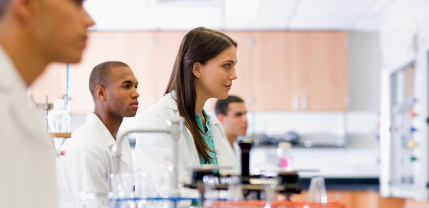 Group of young scientists in the lab during a lecture