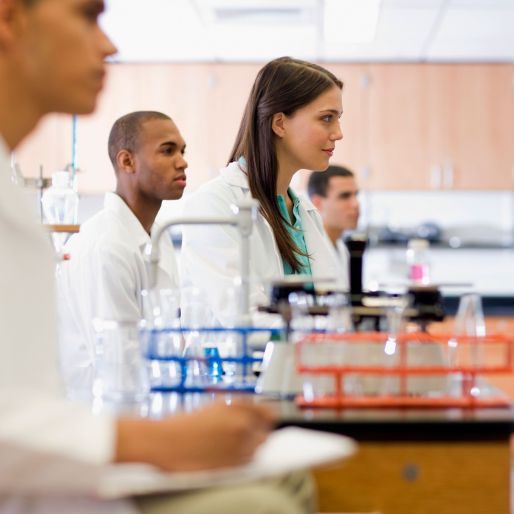 Gruppo di giovani scienziati in laboratorio durante una lezione