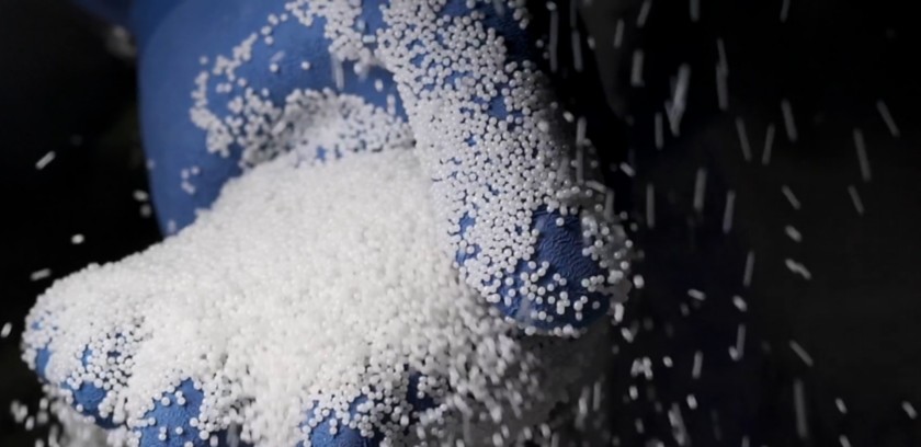 Detail of blue gloved hand holding falling white grains