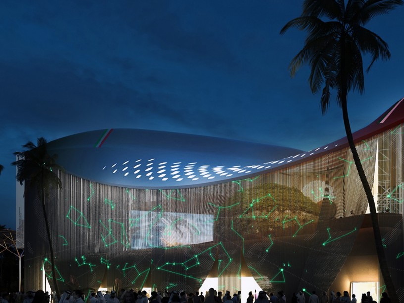 Palace illuminated at night in Dubai