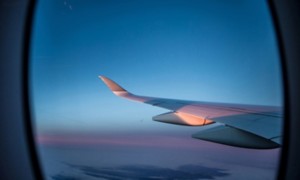 Wing of the airplane seen from the window