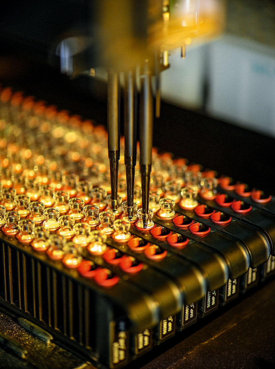 Three pipettes on a machine take samples from small glass sample containers.