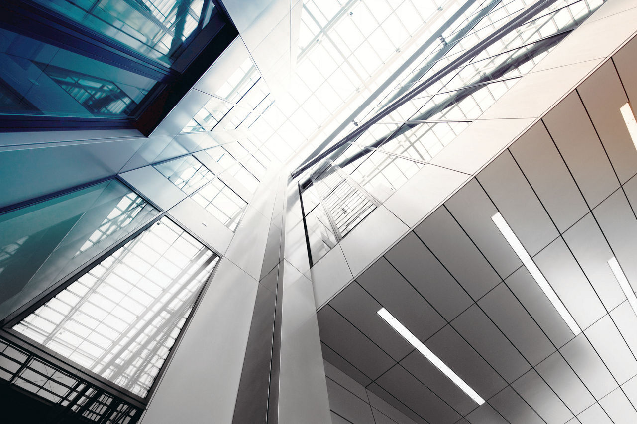 The interior of a modern office building