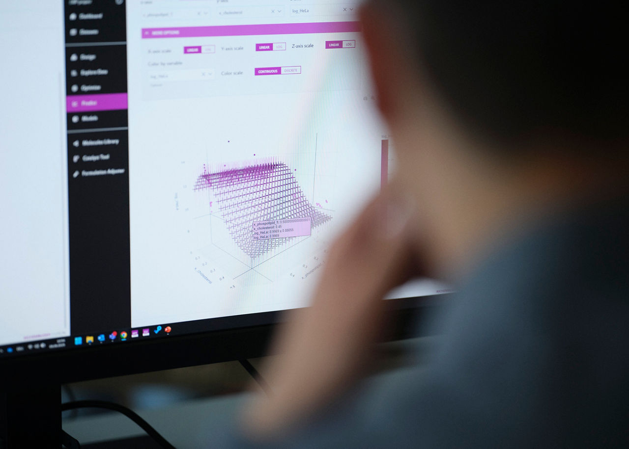 A view over the shoulder of a computer user looking at a graphic.