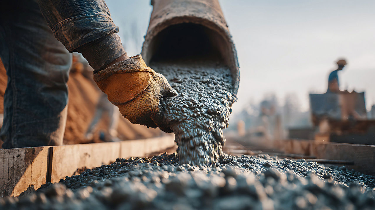 Worker pouring concrete into a wooden form, creating a stable foundation at a construction site Great for industrial projects or infrastructure concepts.