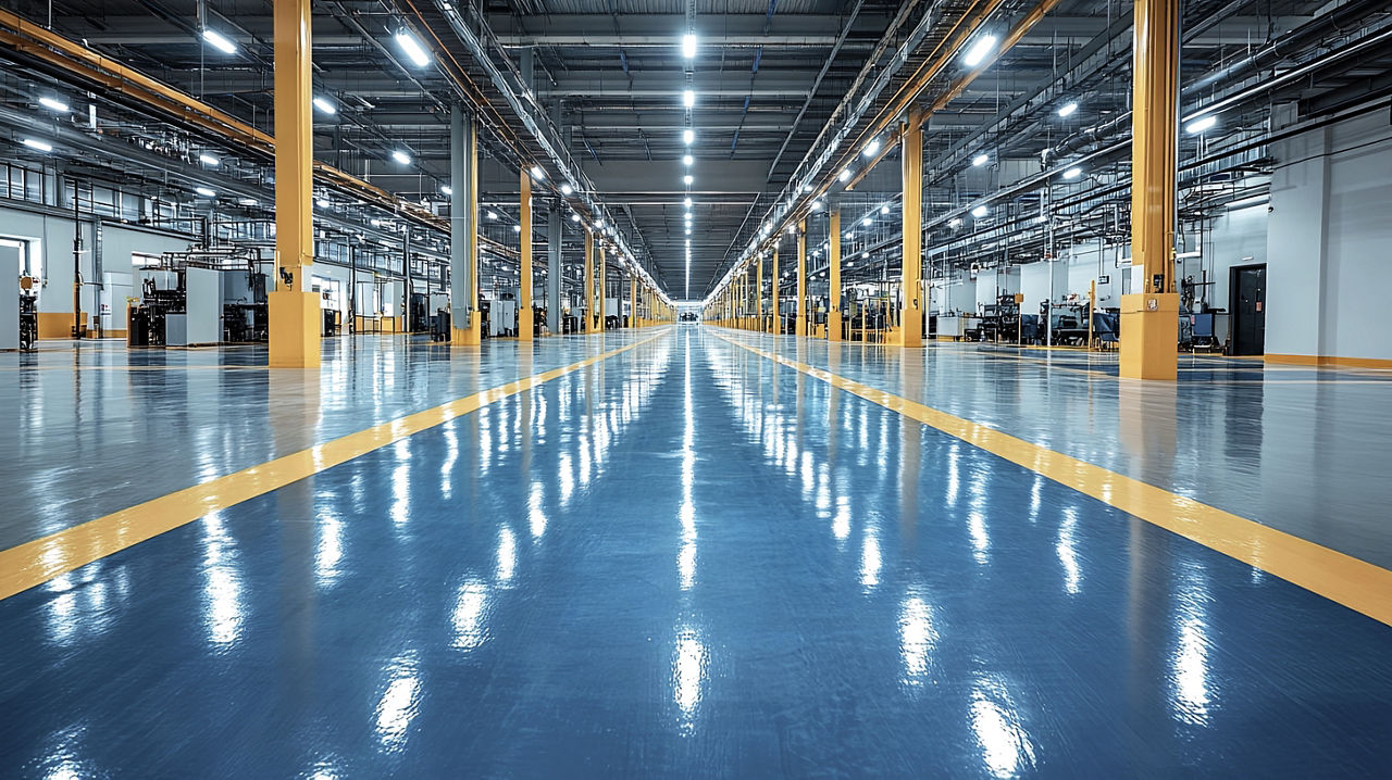 A well-lit industrial warehouse featuring smooth, polished flooring and organized workspaces throughout the expansive area.