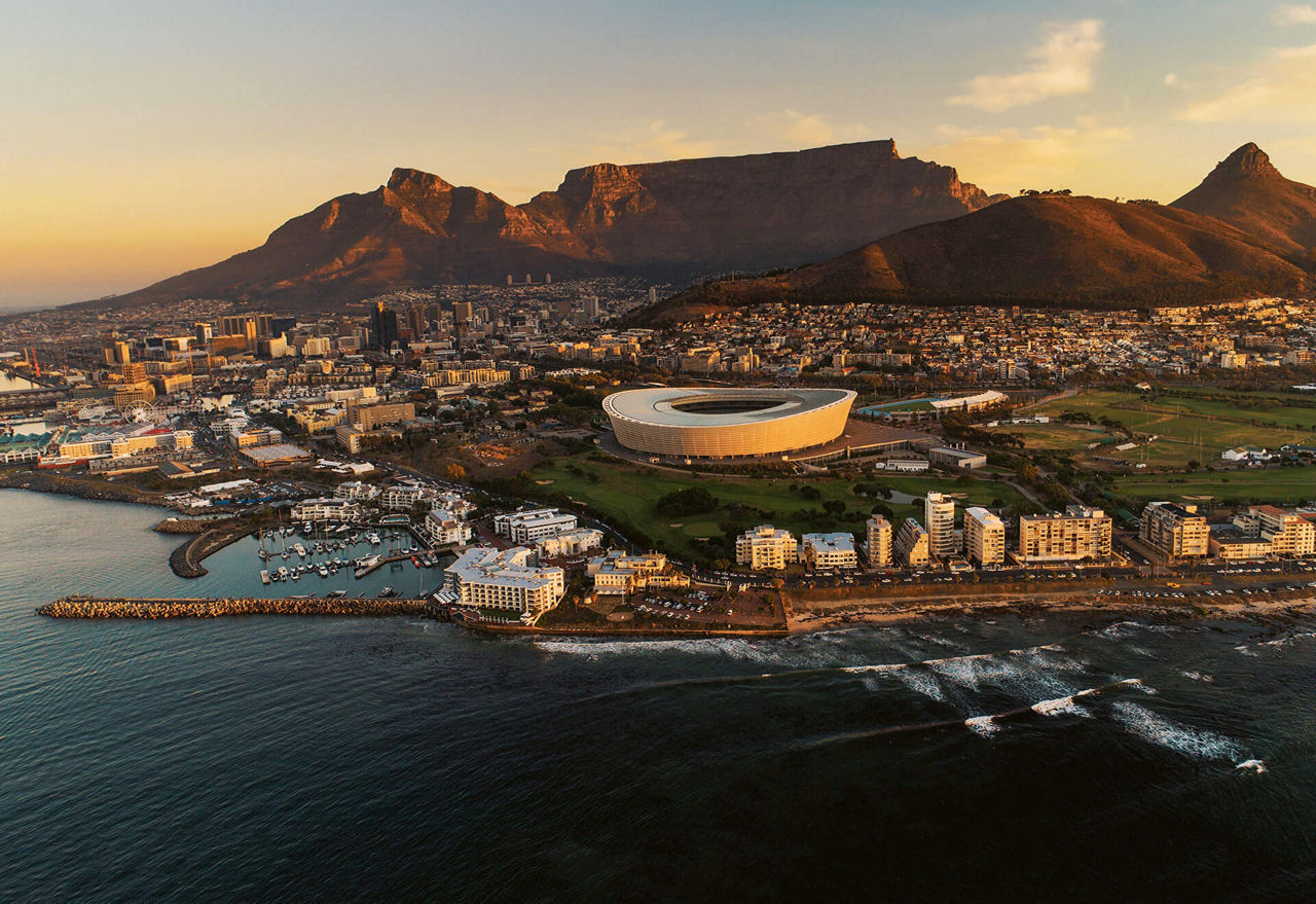 Drone image from the sea, view of the Cape Town soccer stadium and Table Mountain.
