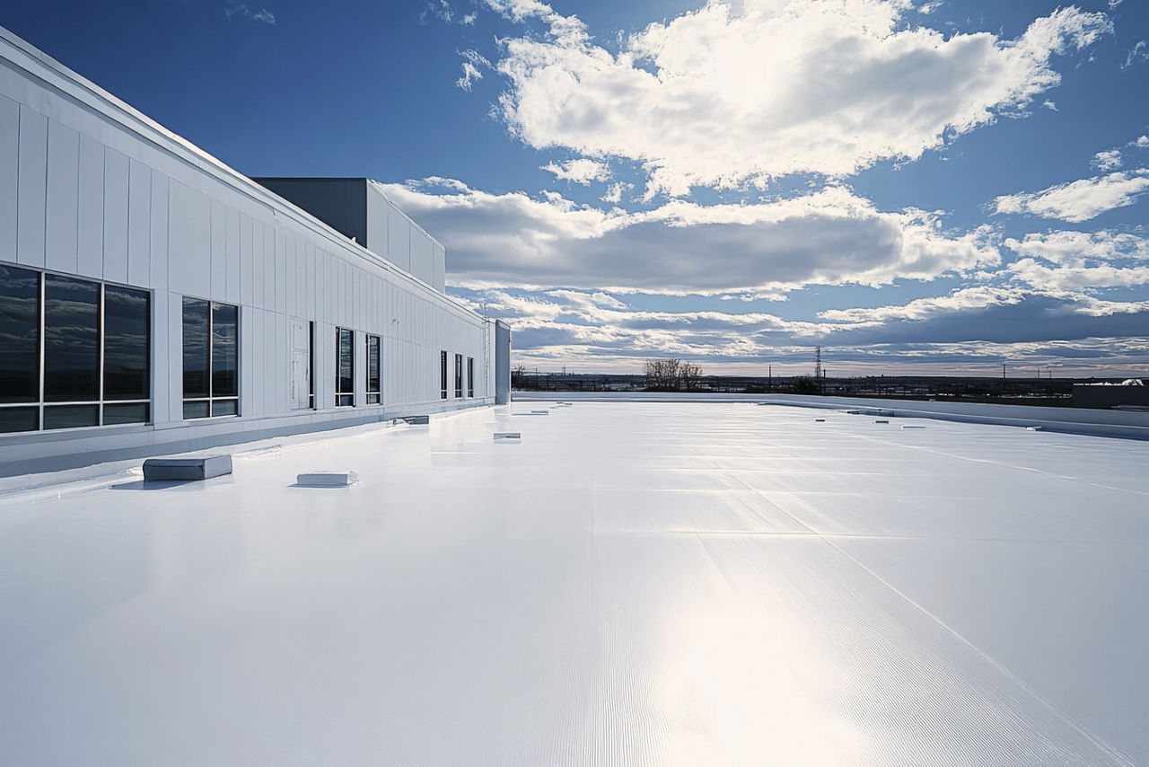 An advertising shot of TPO roofing, showcasing its bright white surface and energy-saving properties, perfect for commercial applications. Illustration --ar 3:2 --v 6.1 Job ID: ce9f6e05-4657-4d65-9e03-c81fc9333dbc