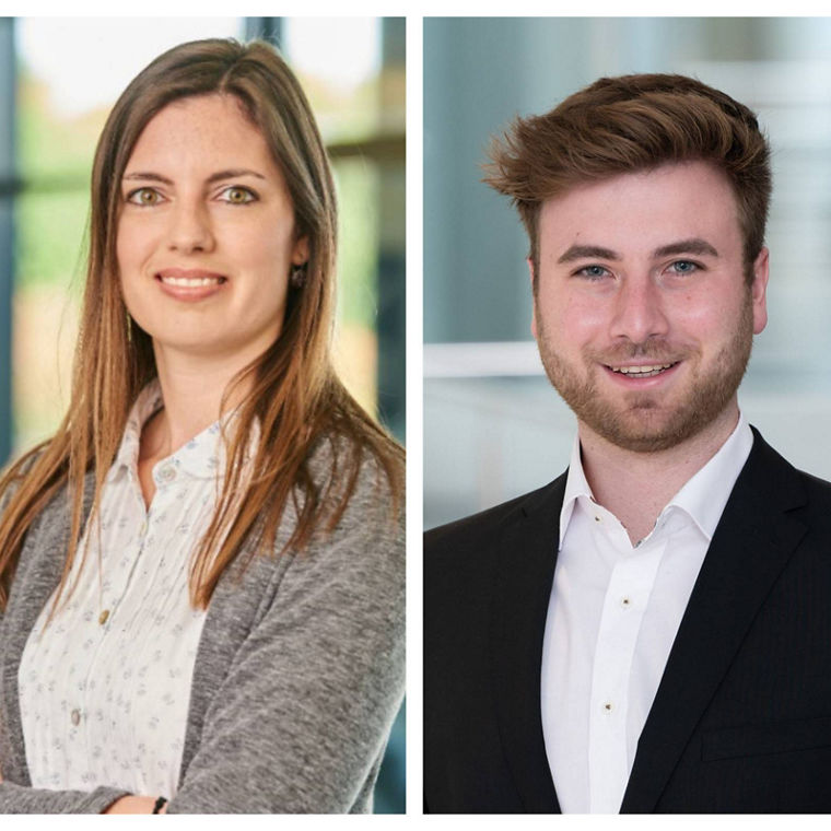 A woman in a casual outfit and a man in a formal suit, both posing in a professional setting.