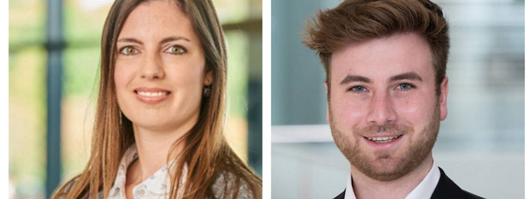 A woman in a casual outfit and a man in a formal suit, both posing in a professional setting.