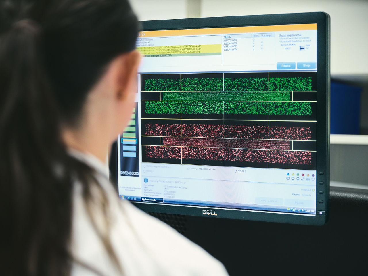 Eine Wissenschaftlerin schaut auf einen Computermonitor mit roten und grünen Mustern.