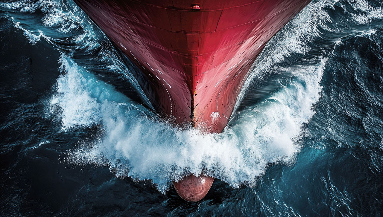 Powerful ship navigating turbulent waters.  Massive waves crash against the hull of a large vessel