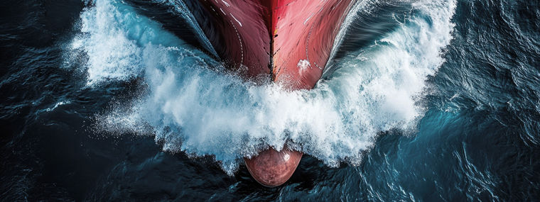 Powerful ship navigating turbulent waters.  Massive waves crash against the hull of a large vessel